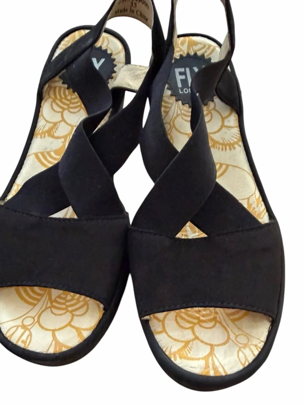 Fly London Yaji888fly Black Leather Crisscross Elastic Wedge Sandals Sz 35 US 5